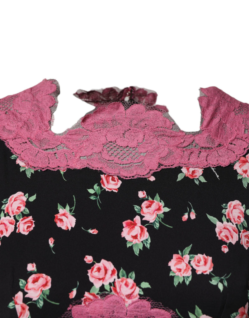 Dolce & Gabbana Robe Fourreau en Soie Noire et Dentelle Fleurie Rose