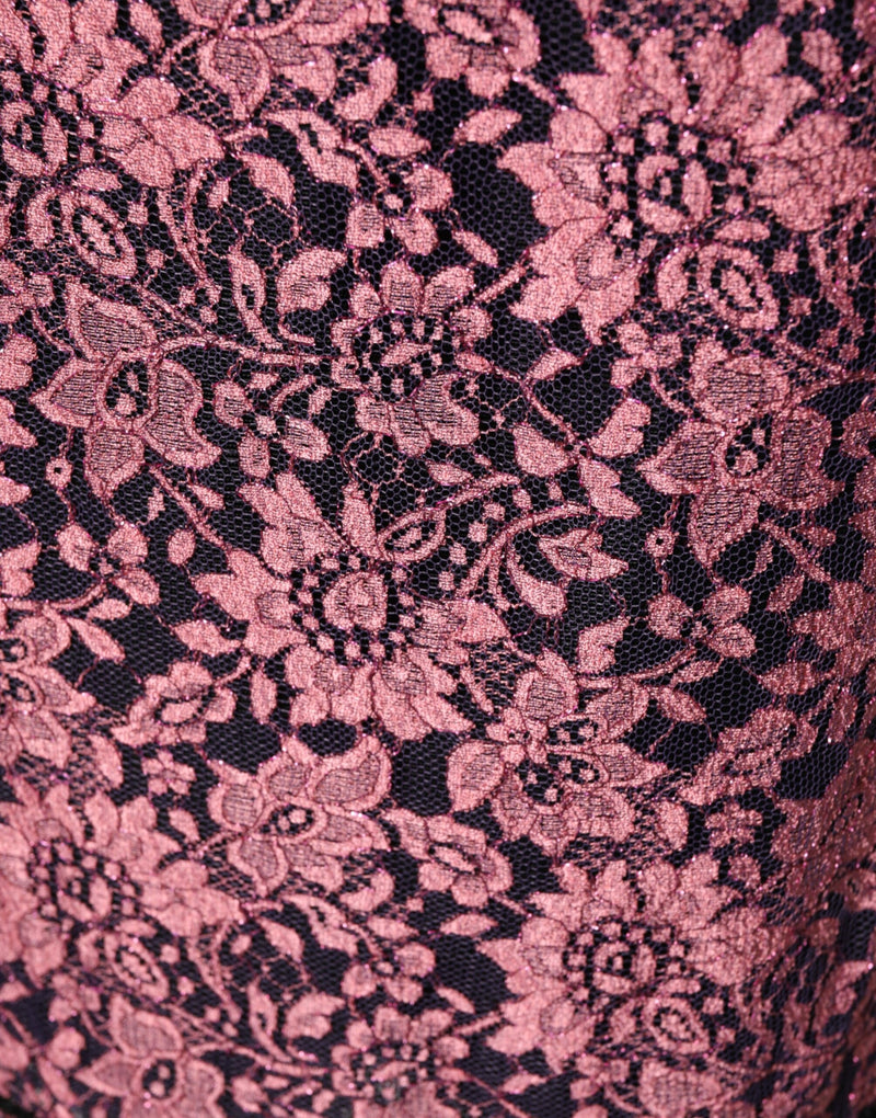 Dolce & Gabbana Robe Fourreau en Soie Noire et Dentelle Fleurie Rose