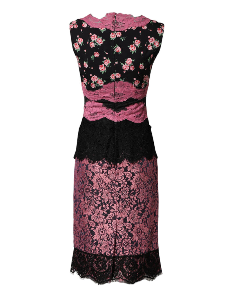Dolce & Gabbana Robe Fourreau en Soie Noire et Dentelle Fleurie Rose