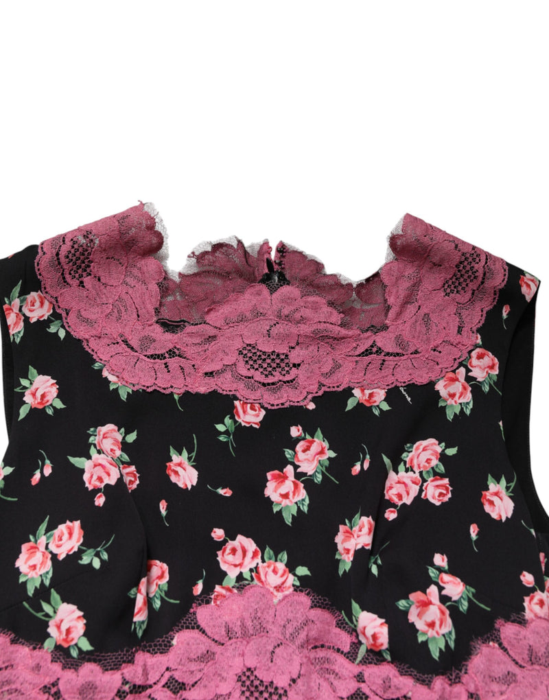 Dolce & Gabbana Robe Fourreau en Soie Noire et Dentelle Fleurie Rose