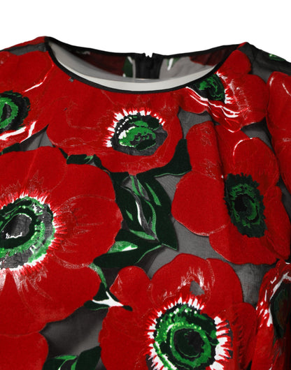 Dolce & Gabbana Red Floral Print Nylon A-line Midi Dress