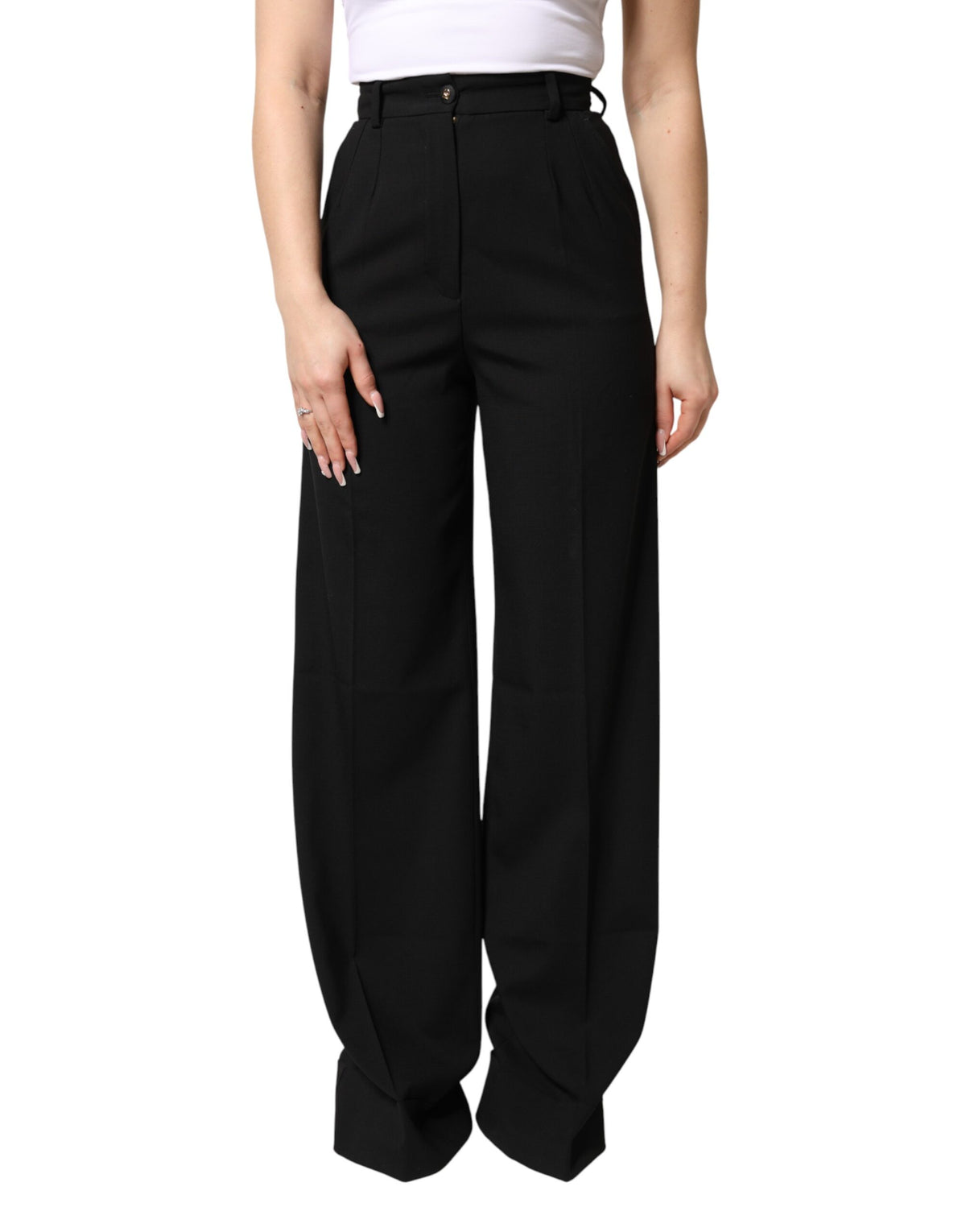 Dolce & Gabbana Pantalons Droits Taille Haute en Laine Noire