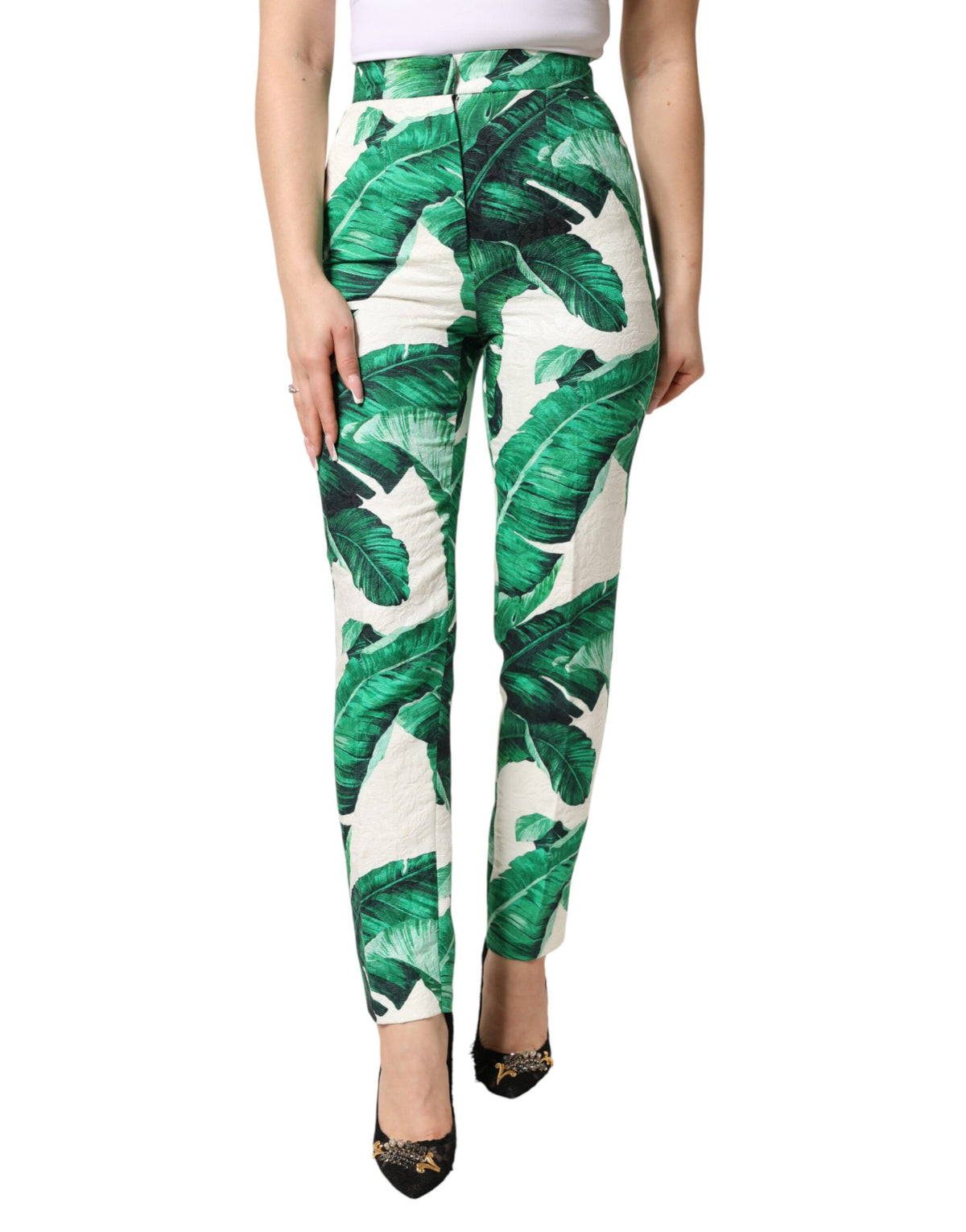 Dolce & Gabbana Pantalons Taille Haute Blanc Feuille Verte