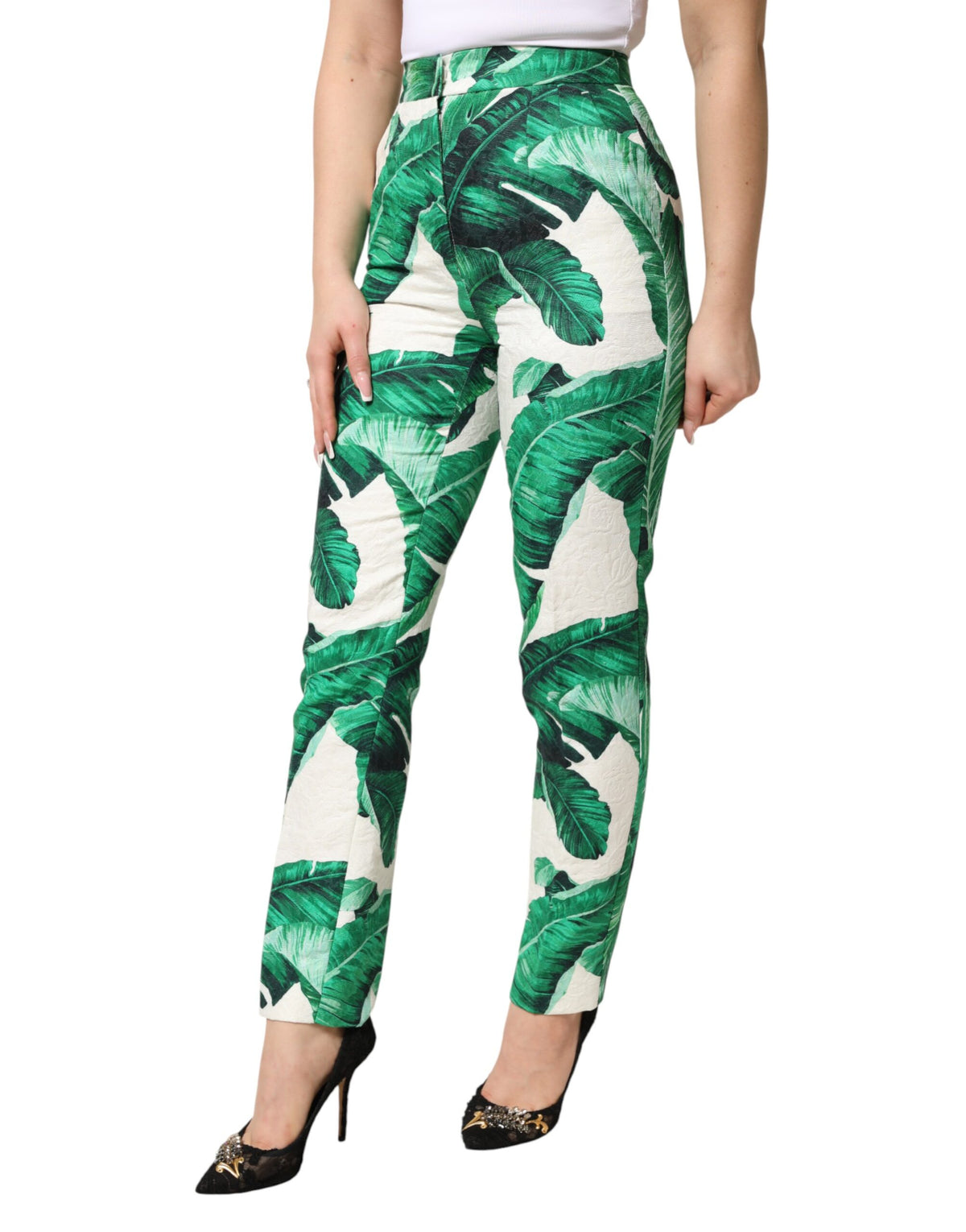 Dolce & Gabbana Pantalons Taille Haute Blanc Feuille Verte