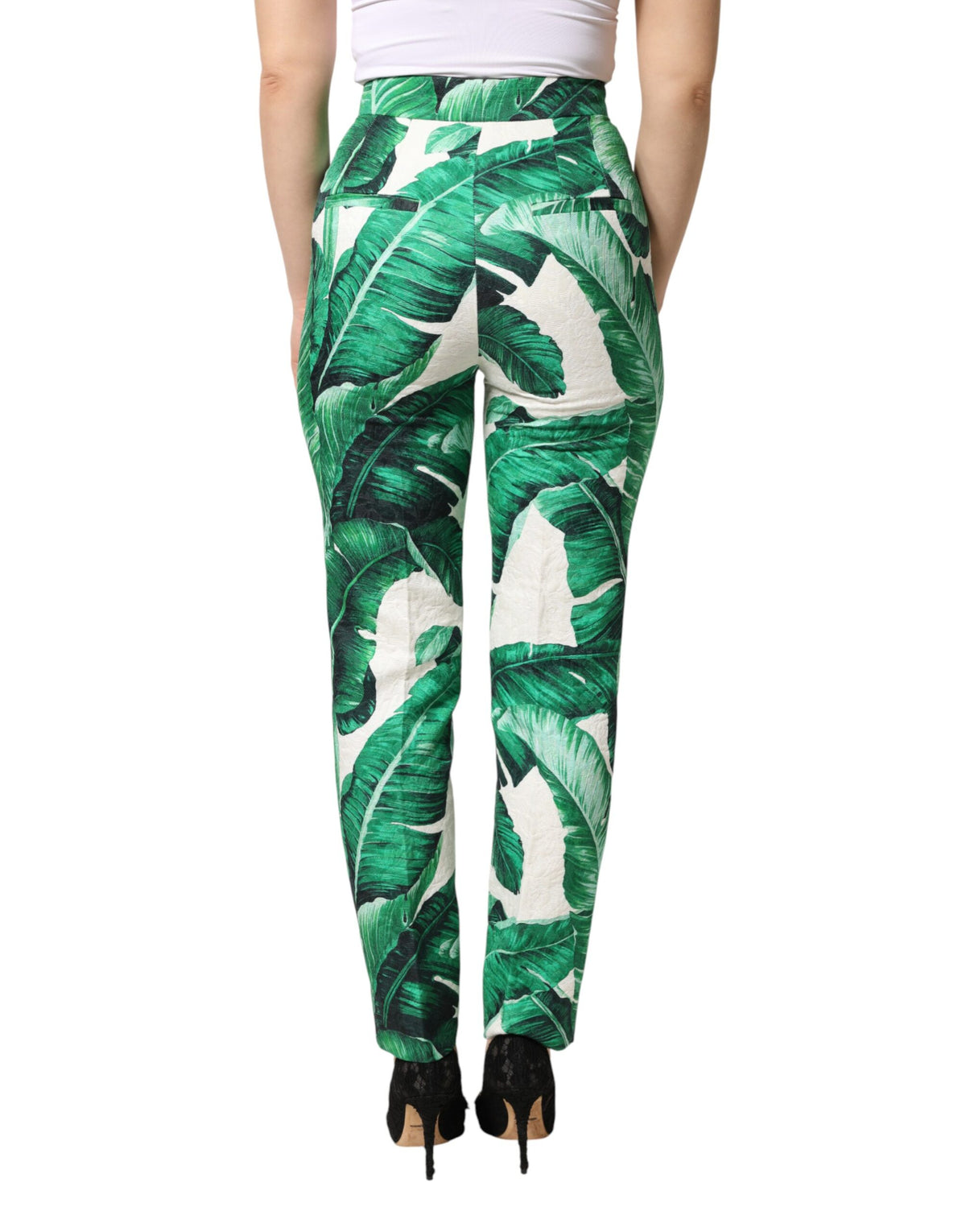 Dolce & Gabbana Pantalons Taille Haute Blanc Feuille Verte