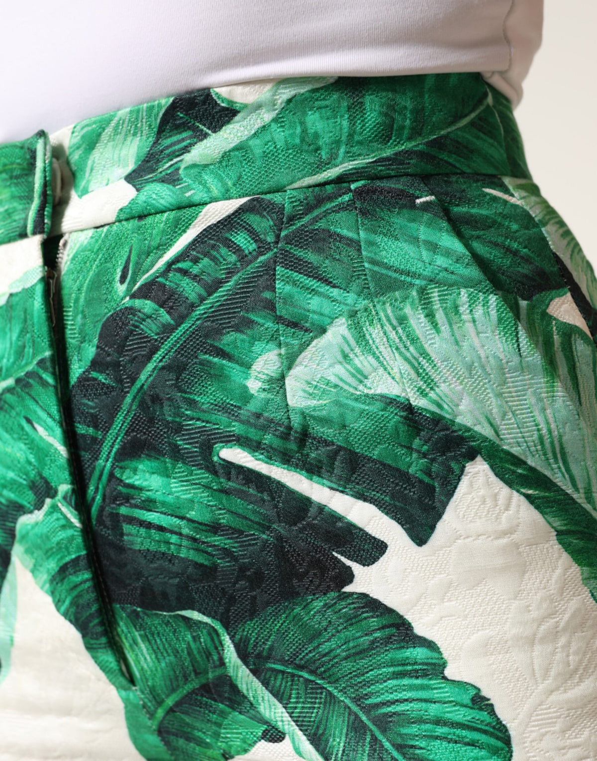Dolce & Gabbana Pantalons Taille Haute Blanc Feuille Verte