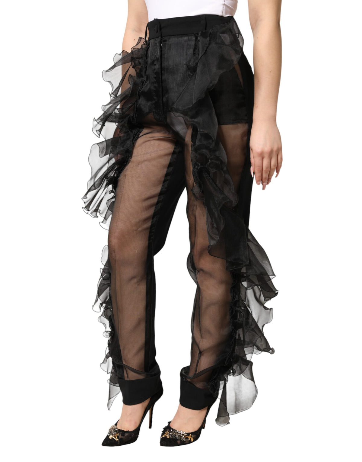 Dolce & Gabbana Black High Waist Tulle Wool Trouser Pants