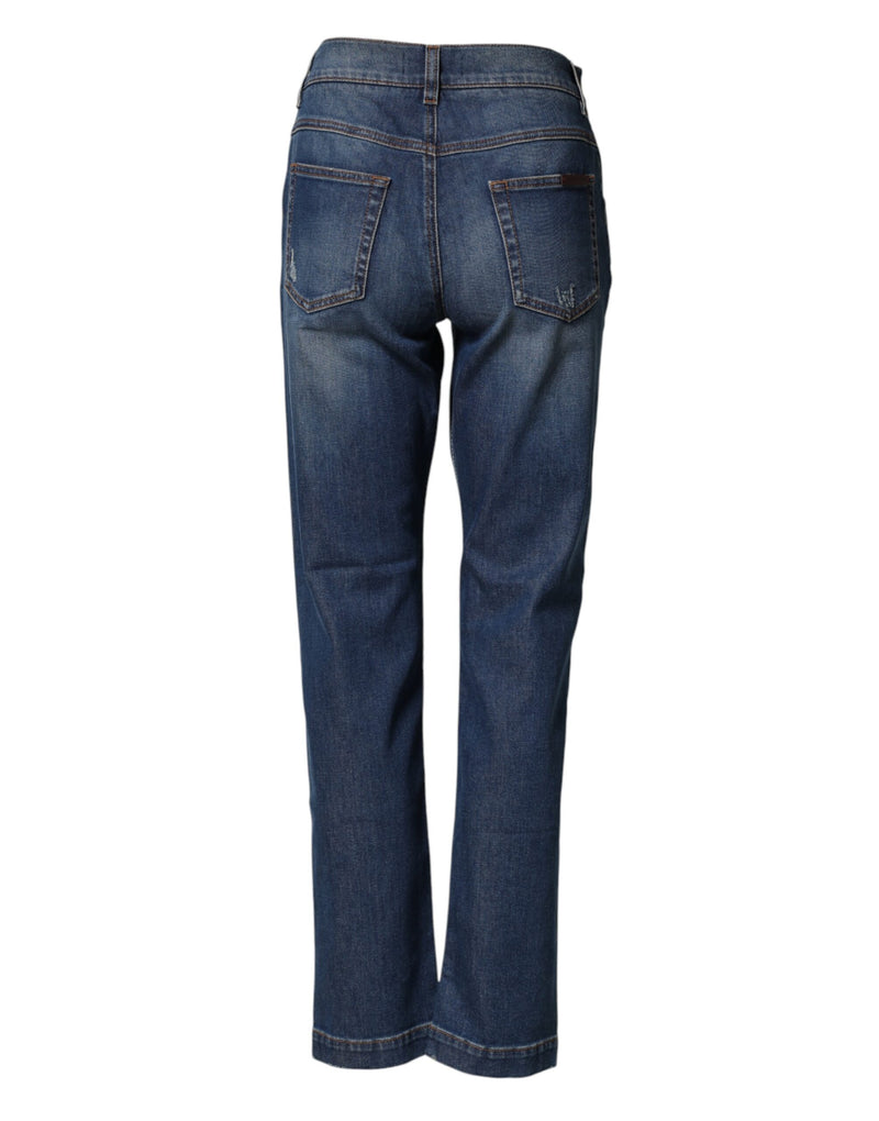 Dolce & Gabbana Blue Floral Embroidered Boyfriend Denim Jeans