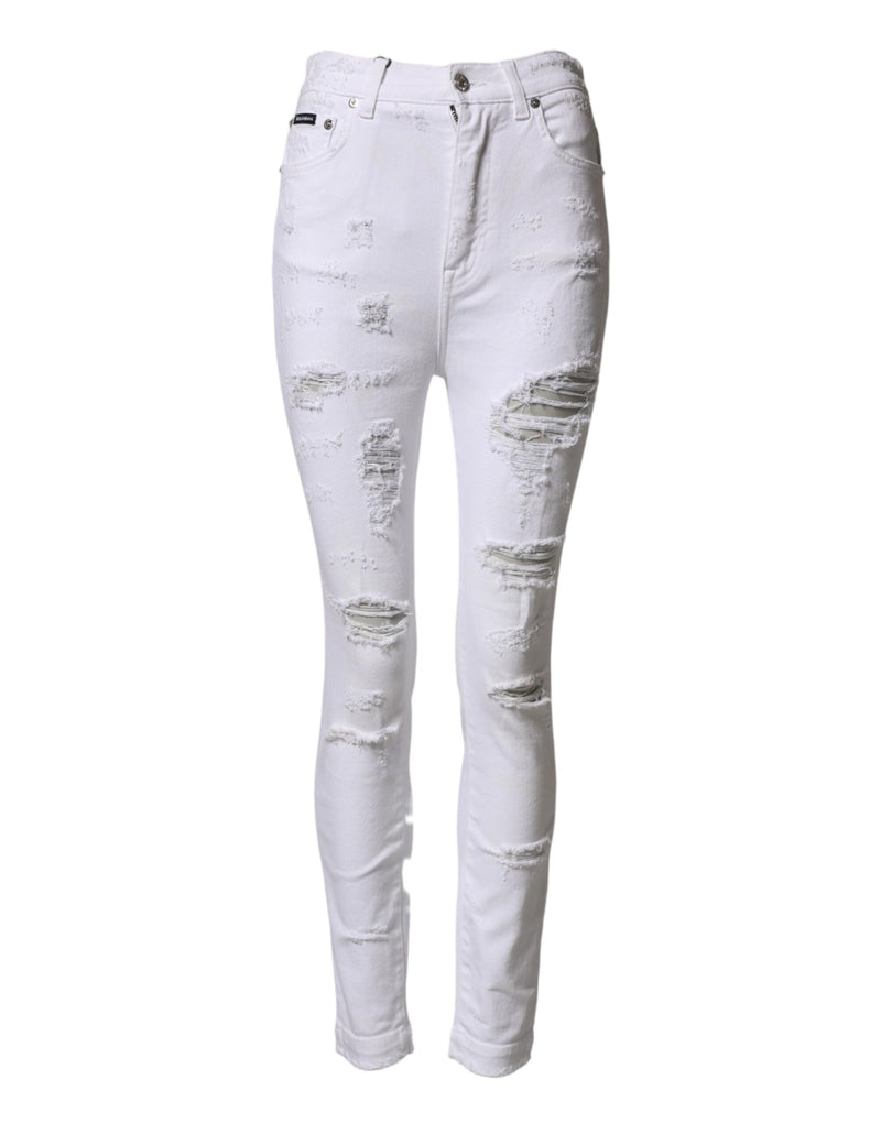 Dolce & Gabbana Jeans en Denim Distressed Blanc à Taille Haute