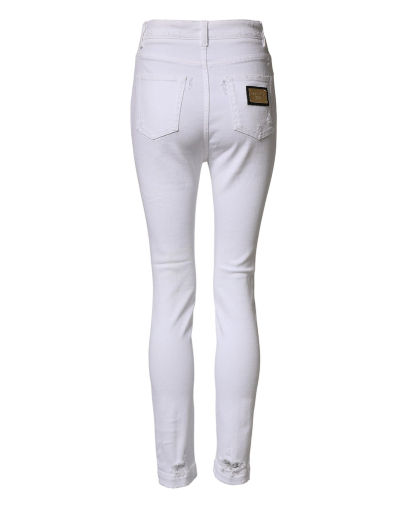 Dolce & Gabbana Jeans en Denim Distressed Blanc à Taille Haute