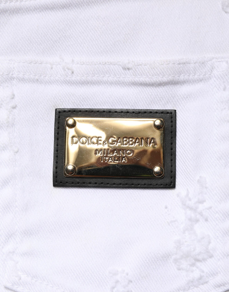 Dolce & Gabbana Jeans en Denim Distressed Blanc à Taille Haute
