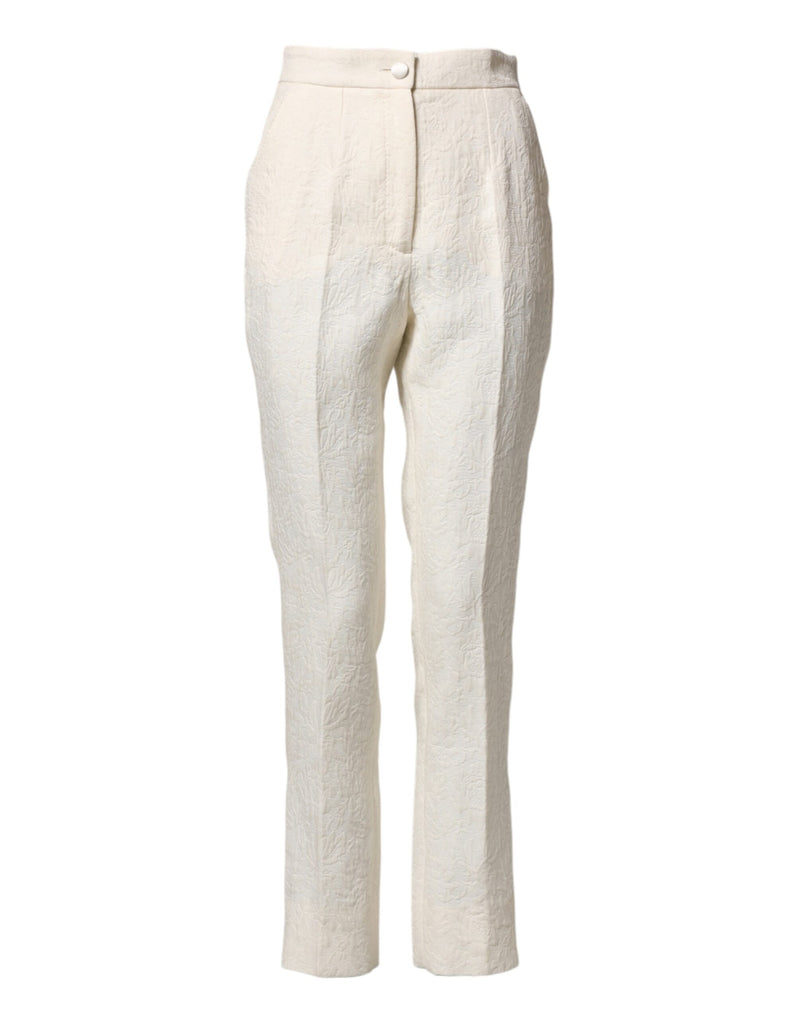Dolce & Gabbana Pantalons en Brocart Floral Blanc en Coton