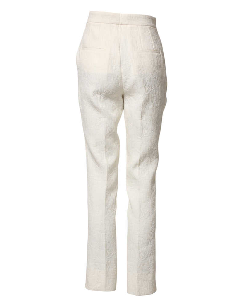 Dolce & Gabbana Pantalons en Brocart Floral Blanc en Coton