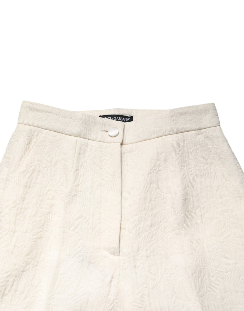 Dolce & Gabbana Pantalons en Brocart Floral Blanc en Coton