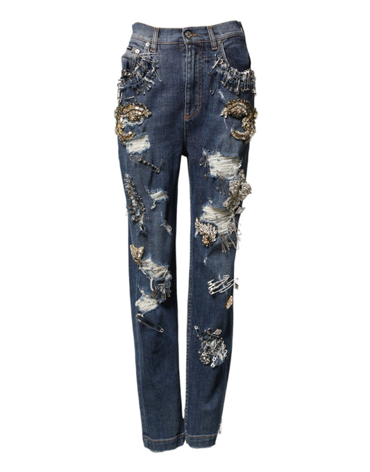 Dolce & Gabbana Blue Cotton Rhinestone Embellished Skinny Jeans
