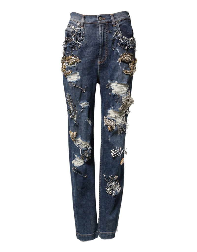 Dolce & Gabbana Blue Cotton Rhinestone Embellished Skinny Jeans