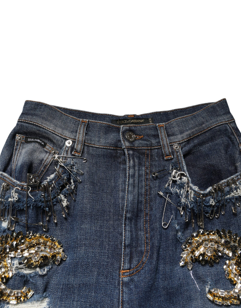 Dolce & Gabbana Blue Cotton Rhinestone Embellished Skinny Jeans