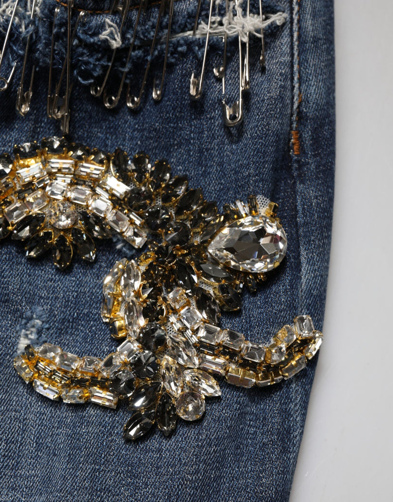 Dolce & Gabbana Blue Cotton Rhinestone Embellished Skinny Jeans