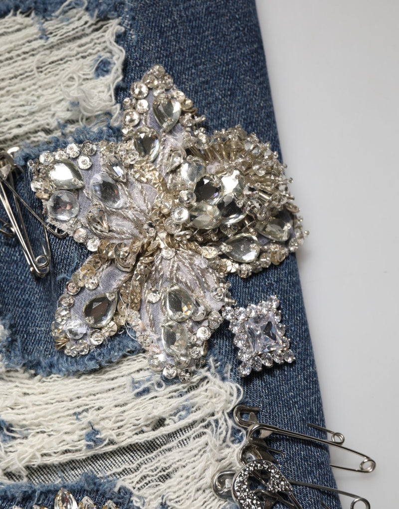 Dolce & Gabbana Blue Cotton Rhinestone Embellished Skinny Jeans