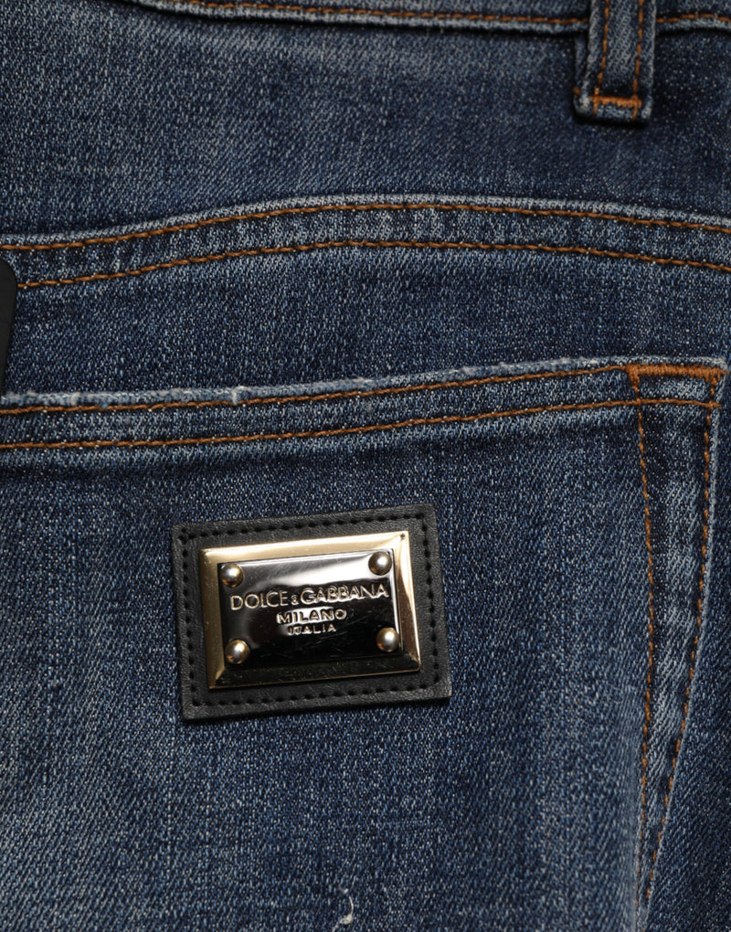 Dolce & Gabbana Blue Cotton Rhinestone Embellished Skinny Jeans