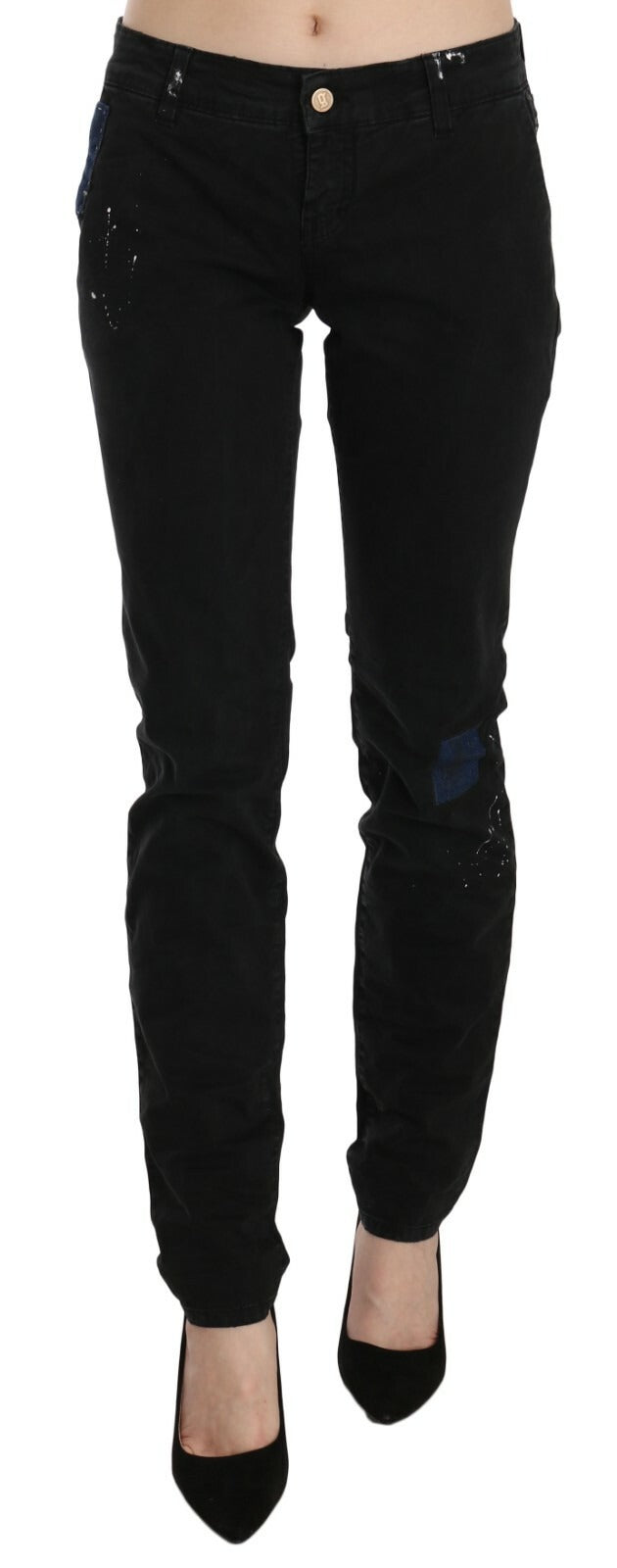John Galliano Black Low Waist White Paint Skinny Denim Pants