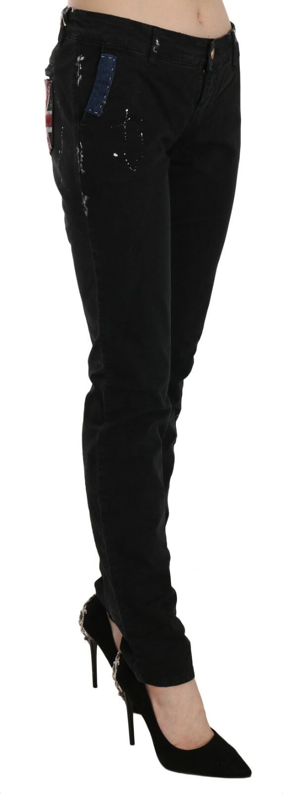 John Galliano Black Low Waist White Paint Skinny Denim Pants