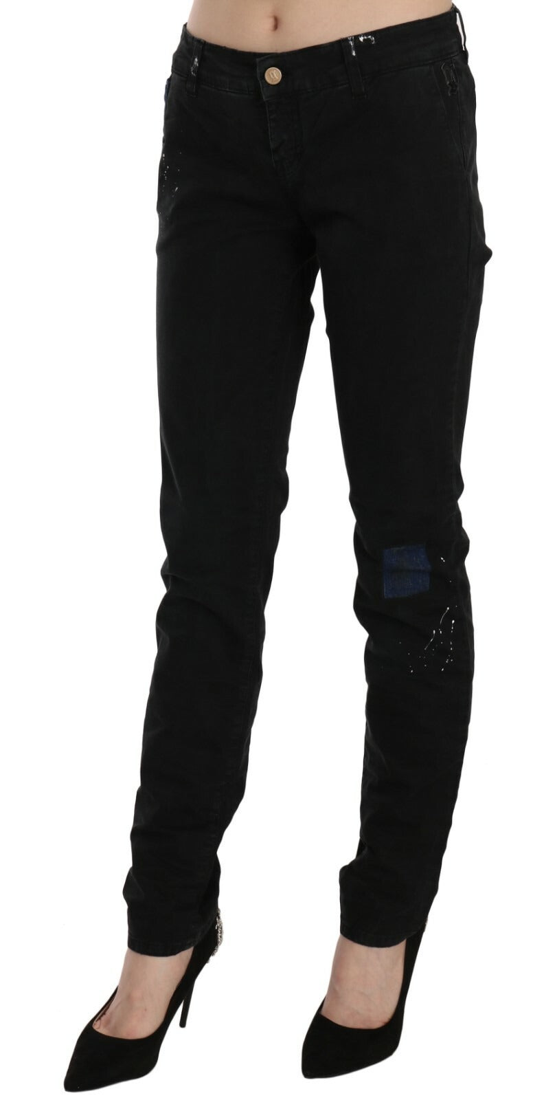 John Galliano Black Low Waist White Paint Skinny Denim Pants