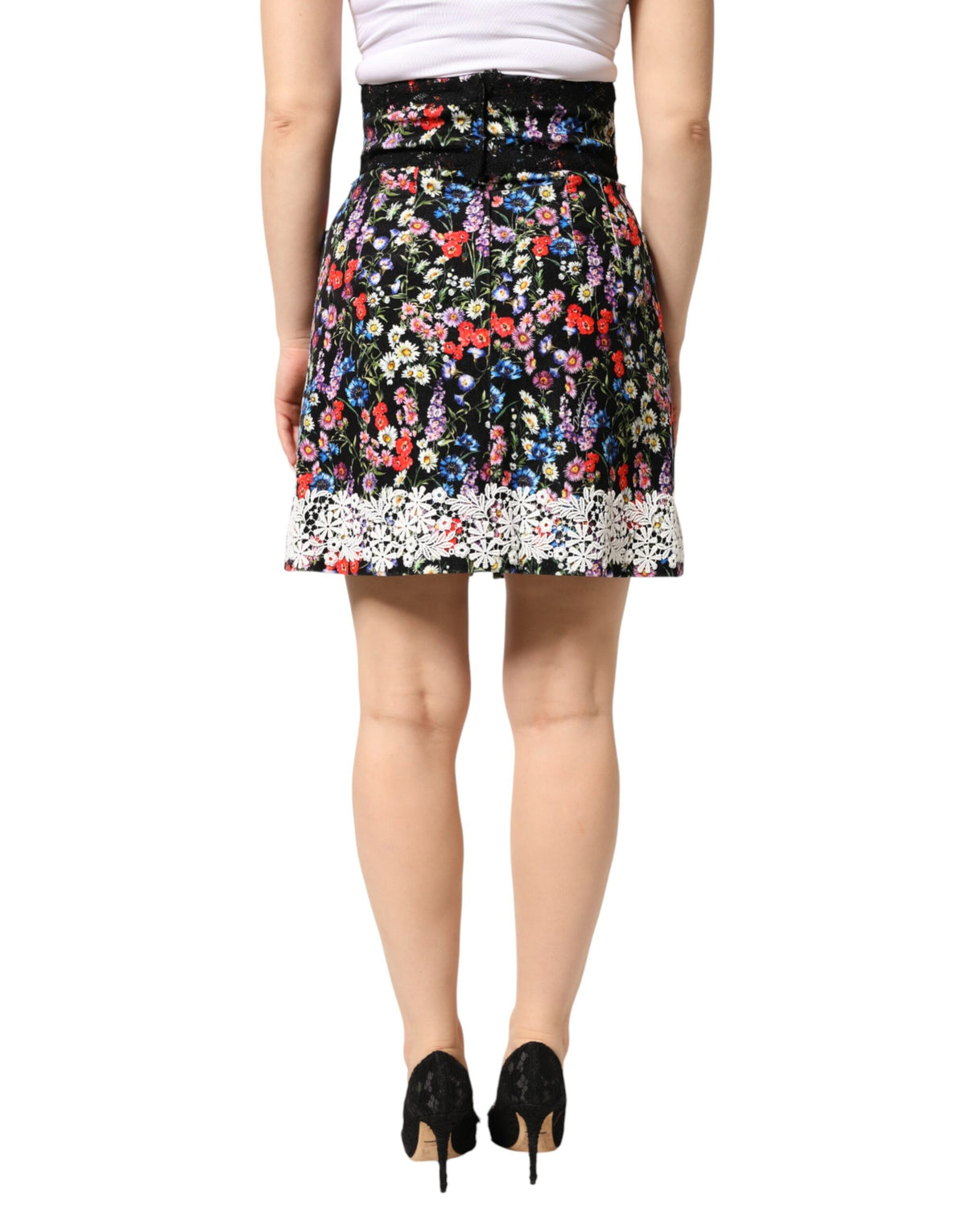 Dolce & Gabbana Jupe Mini Haute Taille en Dentelle Florale Noire
