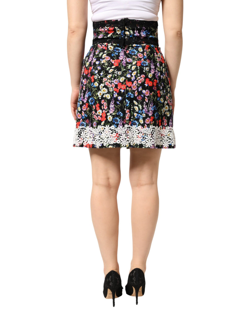 Dolce & Gabbana Jupe Mini Haute Taille en Dentelle Florale Noire