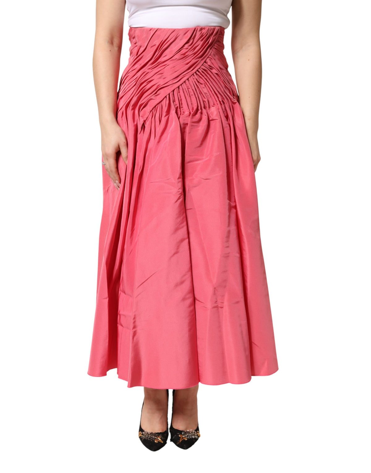 Dolce & Gabbana Jupe Midi Plissée Haute en Soie Rose