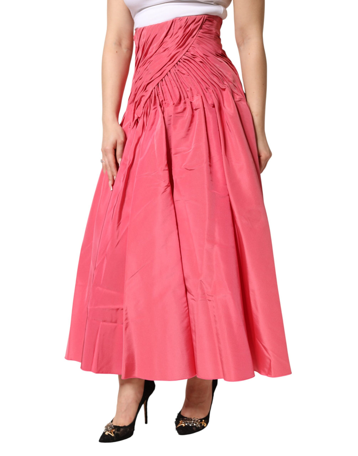 Dolce & Gabbana Jupe Midi Plissée Haute en Soie Rose