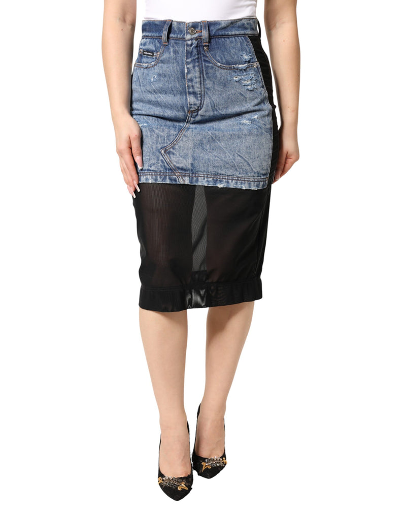 Dolce & Gabbana Jupe Midi Sheer en Denim Coton Bleu Noir