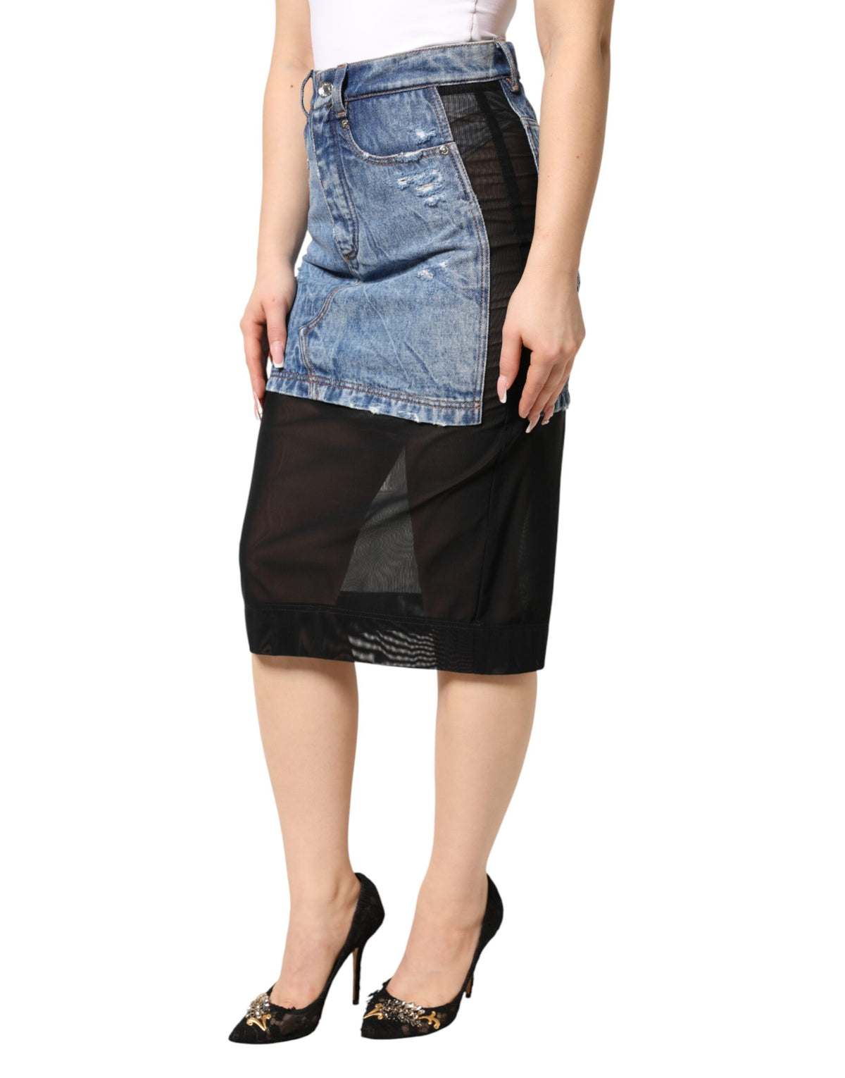 Dolce & Gabbana Jupe Midi Sheer en Denim Coton Bleu Noir
