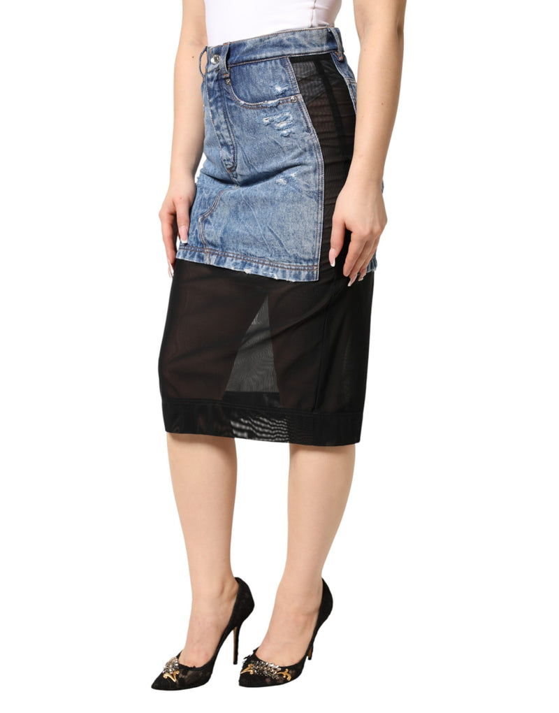 Dolce & Gabbana Jupe Midi Sheer en Denim Coton Bleu Noir