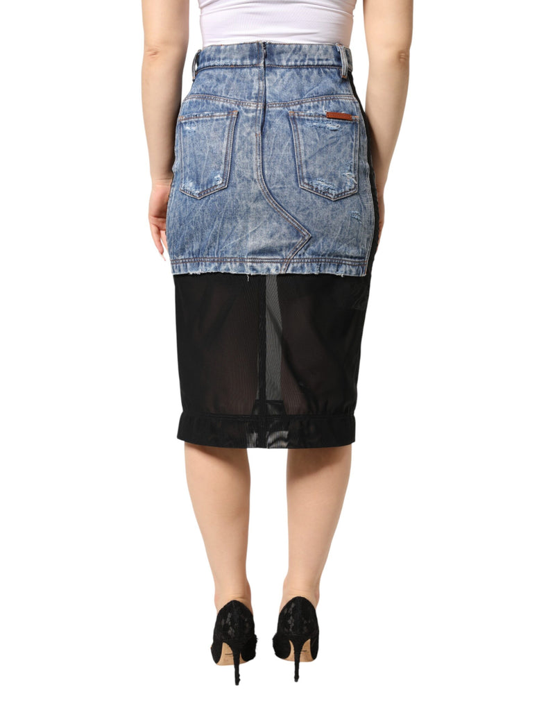 Dolce & Gabbana Jupe Midi Sheer en Denim Coton Bleu Noir