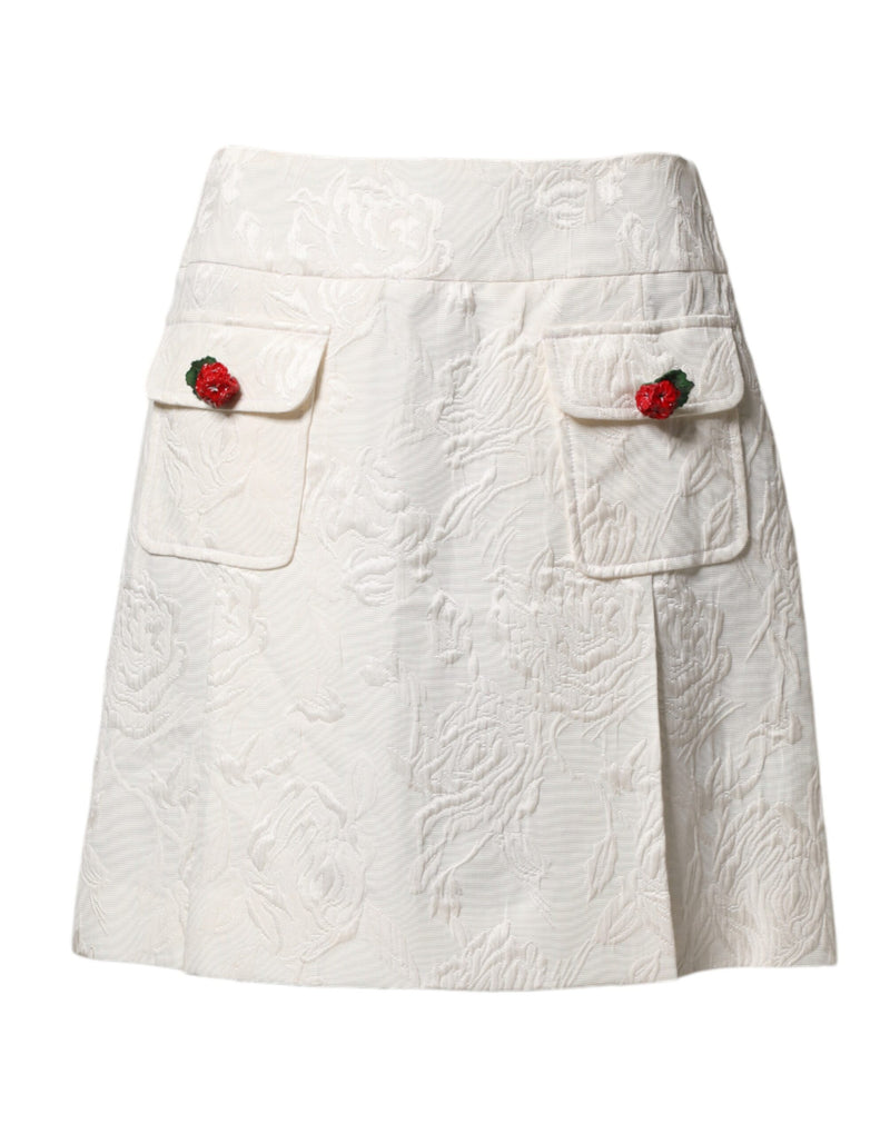 Dolce & Gabbana Jupe Mini Haute Taille en Brocart Floral Blanc