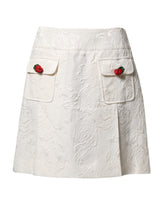 Dolce & Gabbana Jupe Mini Haute Taille en Brocart Floral Blanc