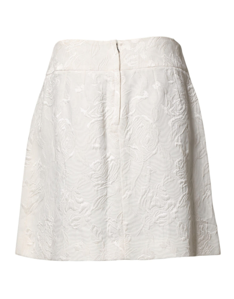 Dolce & Gabbana Jupe Mini Haute Taille en Brocart Floral Blanc