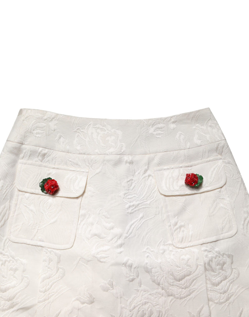 Dolce & Gabbana Jupe Mini Haute Taille en Brocart Floral Blanc