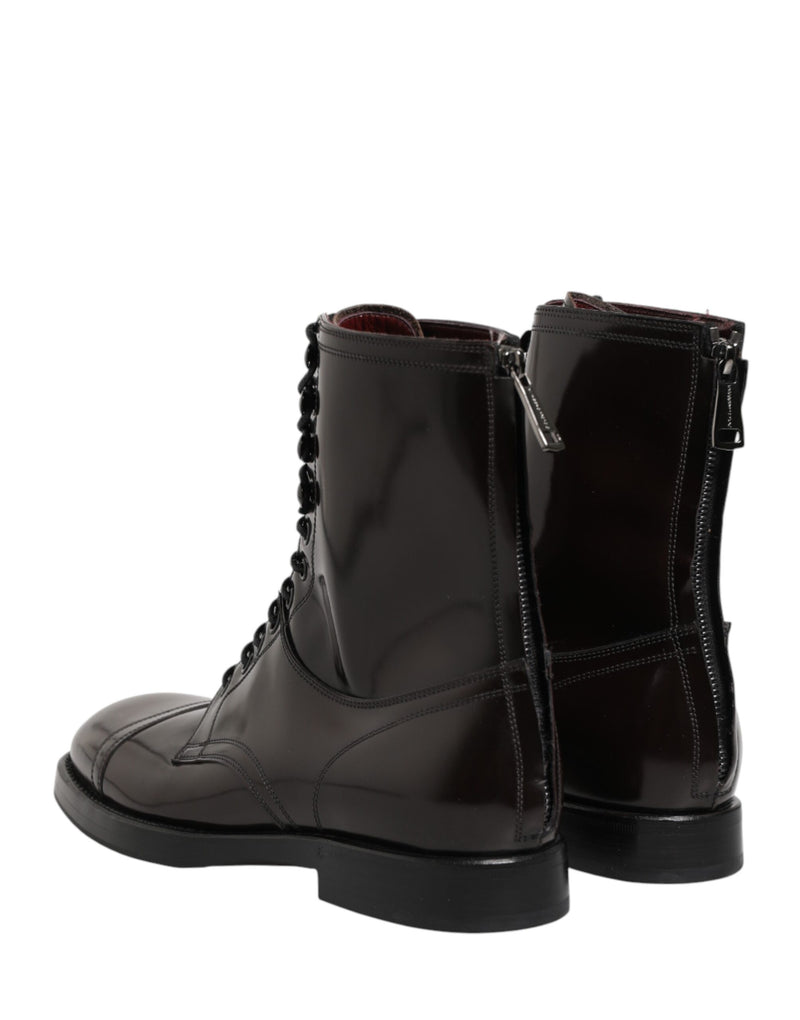 Dolce & Gabbana Black Leather Lace Up Mid Calf Boots