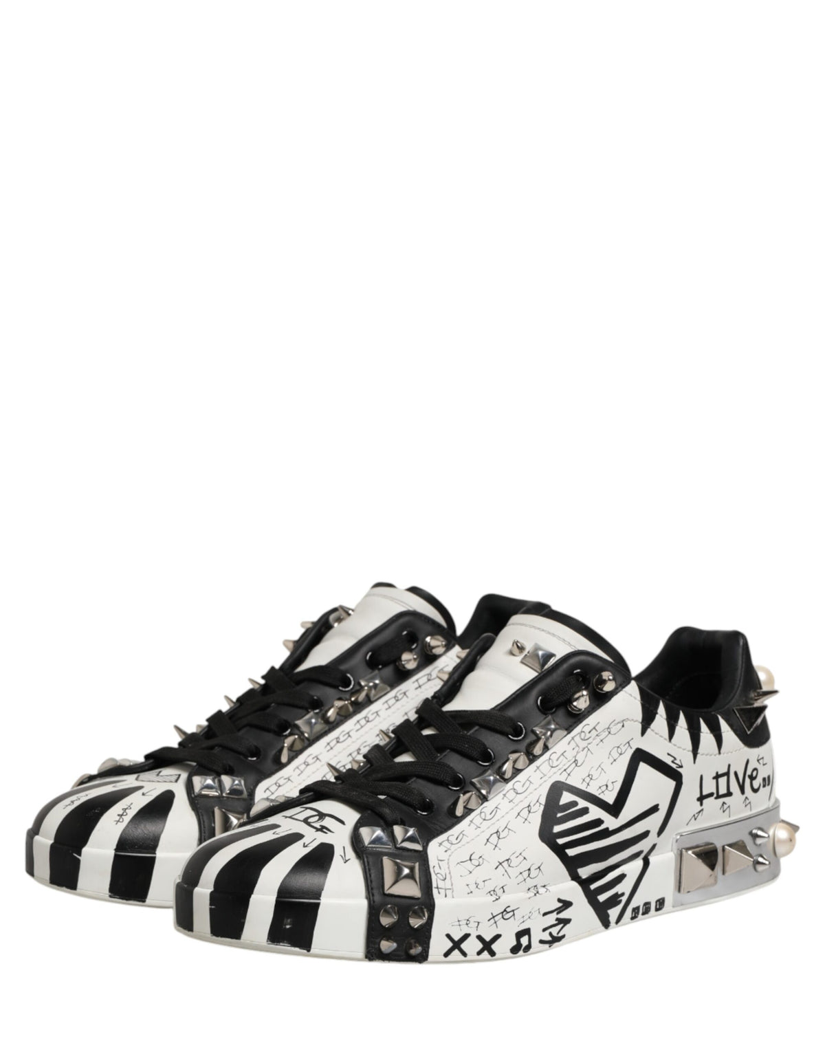 Dolce & Gabbana Black White Studded Low Top Sneakers