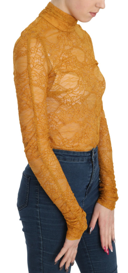 Chemisier à col roulé et manches longues en dentelle couleur moutarde Mangano