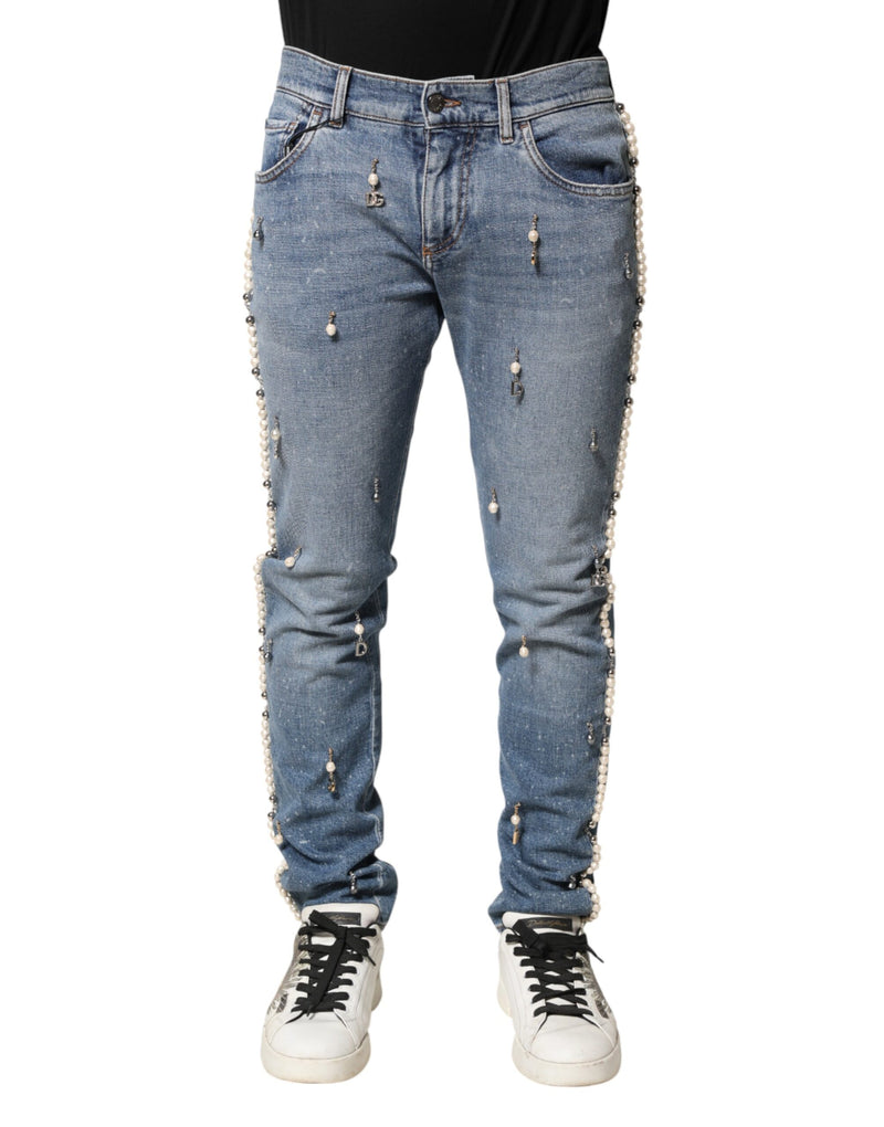 Jean skinny en coton bleu orné Dolce &amp; Gabbana