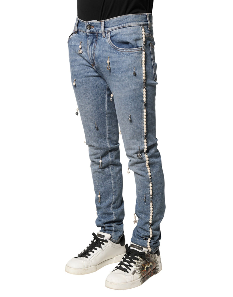 Jean skinny en coton bleu orné Dolce &amp; Gabbana