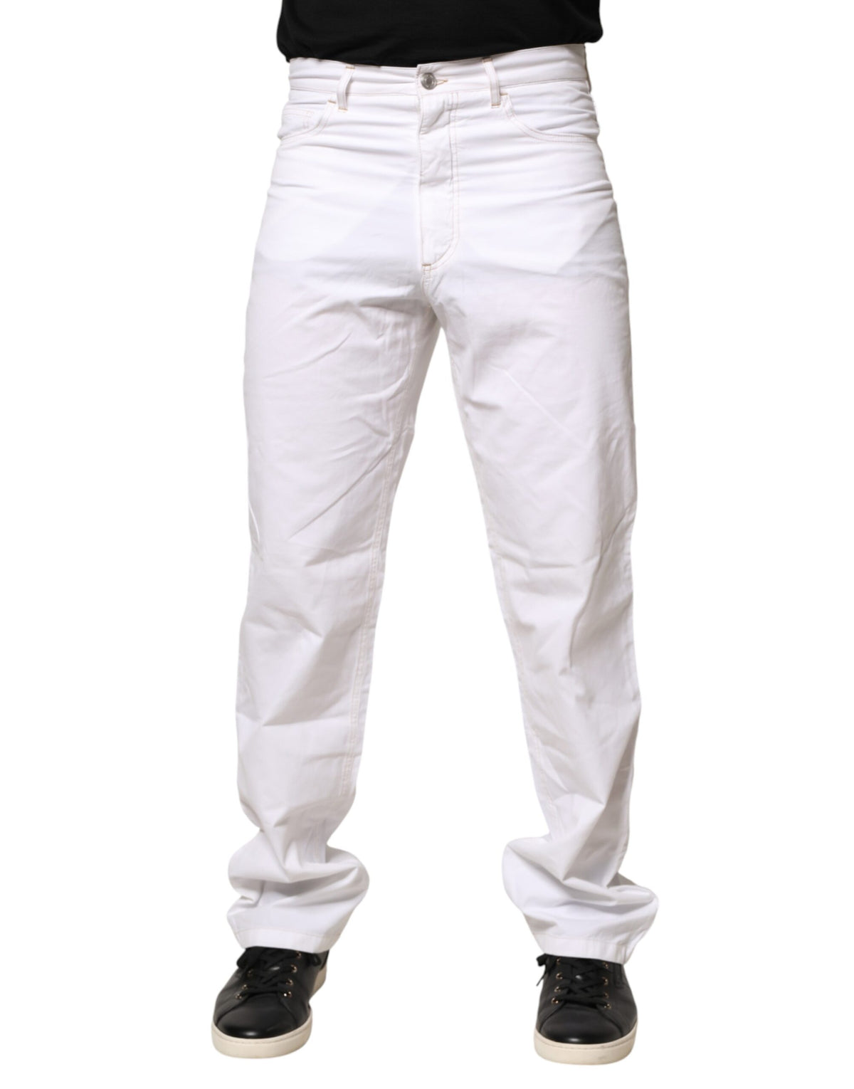 Jean Fred Perry blanc en coton, taille mi-haute, coupe droite, pour homme