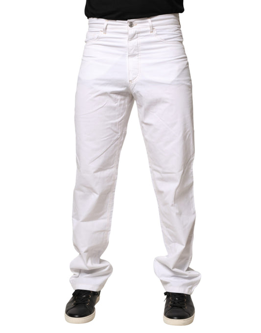 Jean Fred Perry blanc en coton, taille mi-haute, coupe droite, pour homme