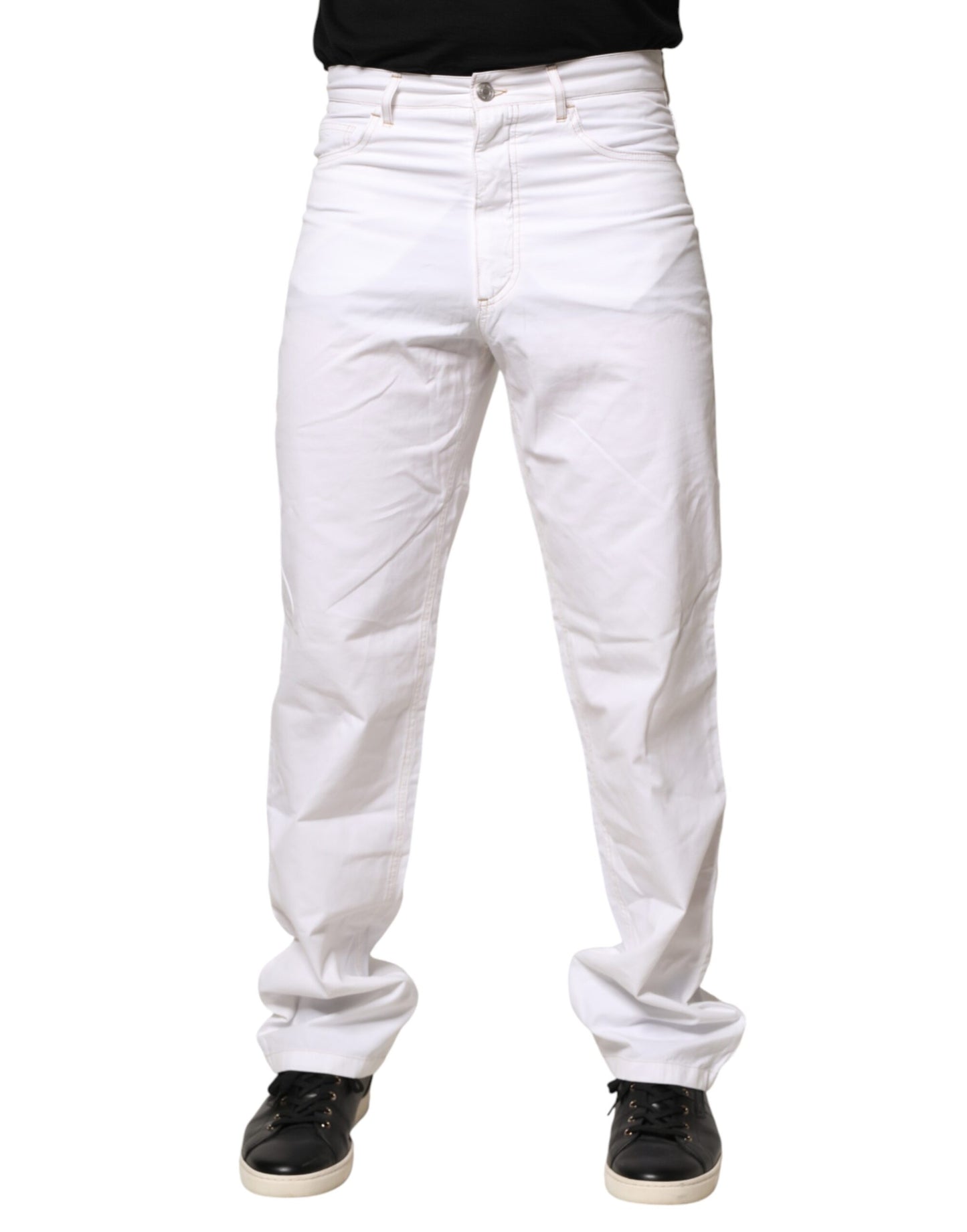 Jean Fred Perry blanc en coton, taille mi-haute, coupe droite, pour homme
