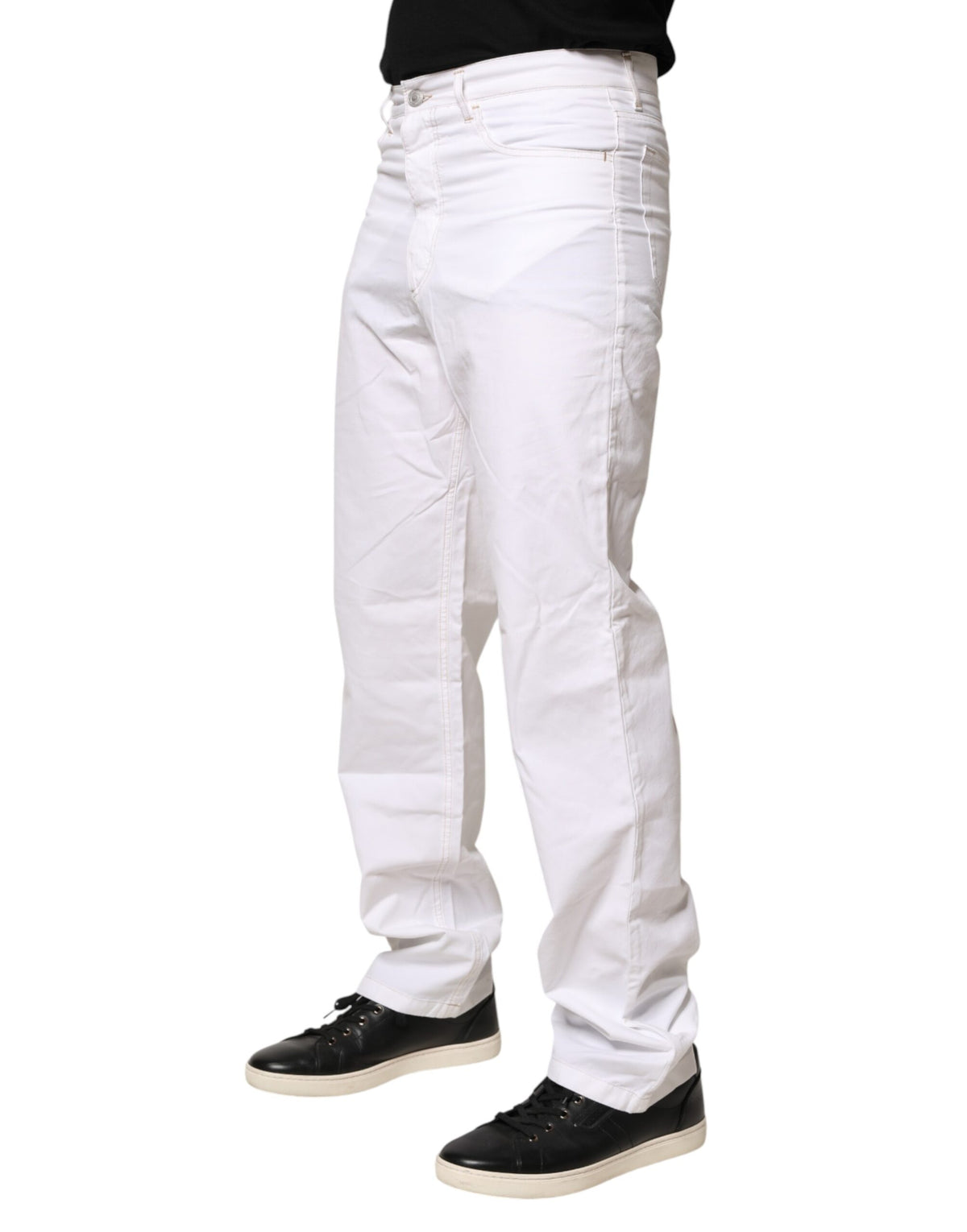 Jean Fred Perry blanc en coton, taille mi-haute, coupe droite, pour homme