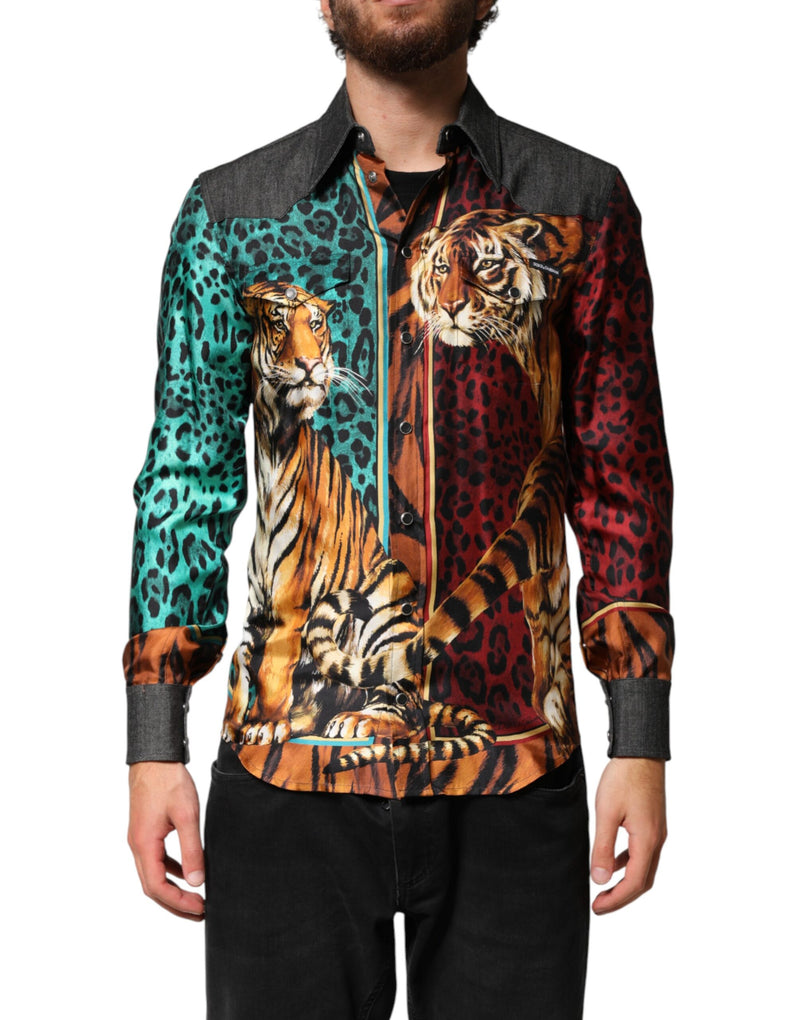 Chemise homme en soie Dolce &amp; Gabbana à imprimé léopard et tigre multicolore