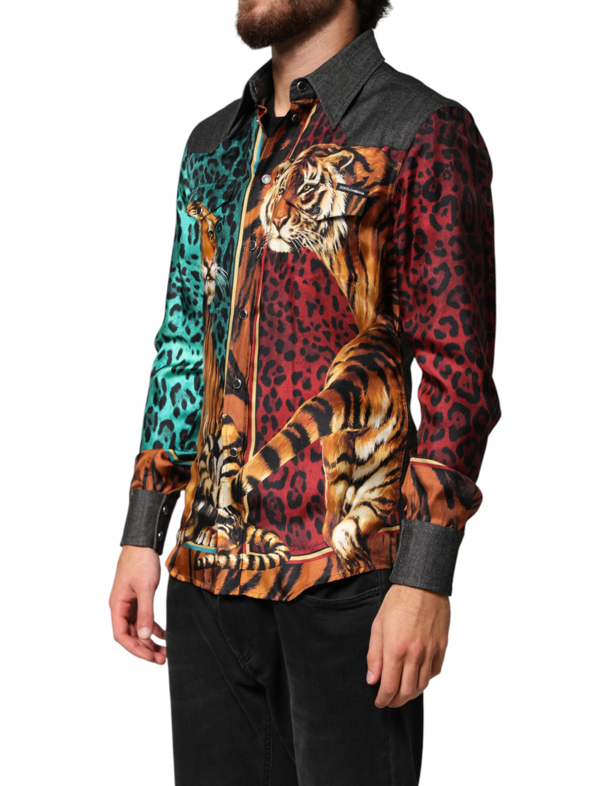 Chemise homme en soie Dolce &amp; Gabbana à imprimé léopard et tigre multicolore